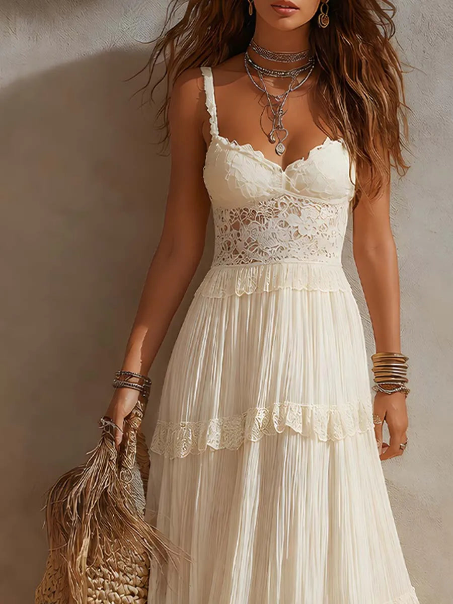 Robe longue bohème en dentelle et jupe plissée