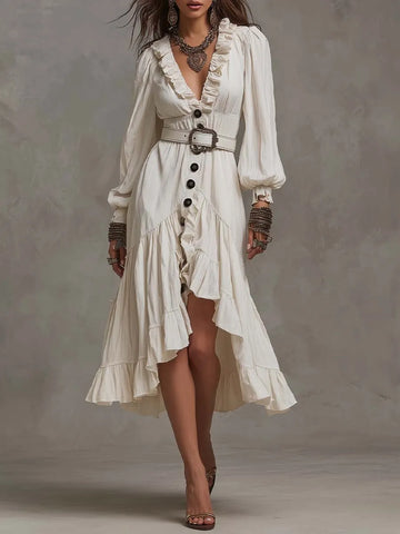 Vestito Midi Increspato con Scollo a V, Maniche a Palloncino, Abbottonatura Frontale, Orlo a Balze Asimmetrico e Cintura
