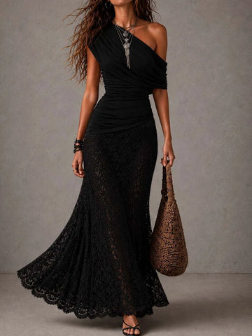 Vestido Longo Sereia de Renda com Top Drapeado Assimétrico Preto Vintage