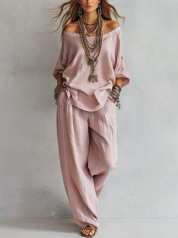 Conjunto de calças casuais largas de linho rosa claro