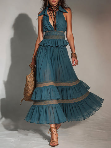 Vestido longo plissado retrô sem mangas com gola e acabamento de renda