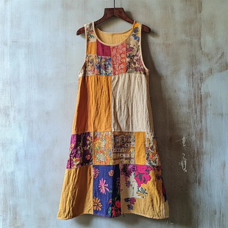 Vestido Regata de Linho Vintage Boho Patchwork ba01