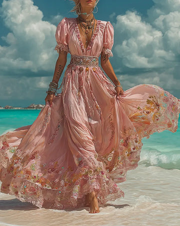 Vestido Ombré de Renda Turquesa com Miçangas para Férias de Verão 5361
