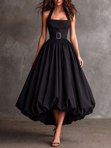 Retro Elegant Black Halter Belted Bubble Hem Dress