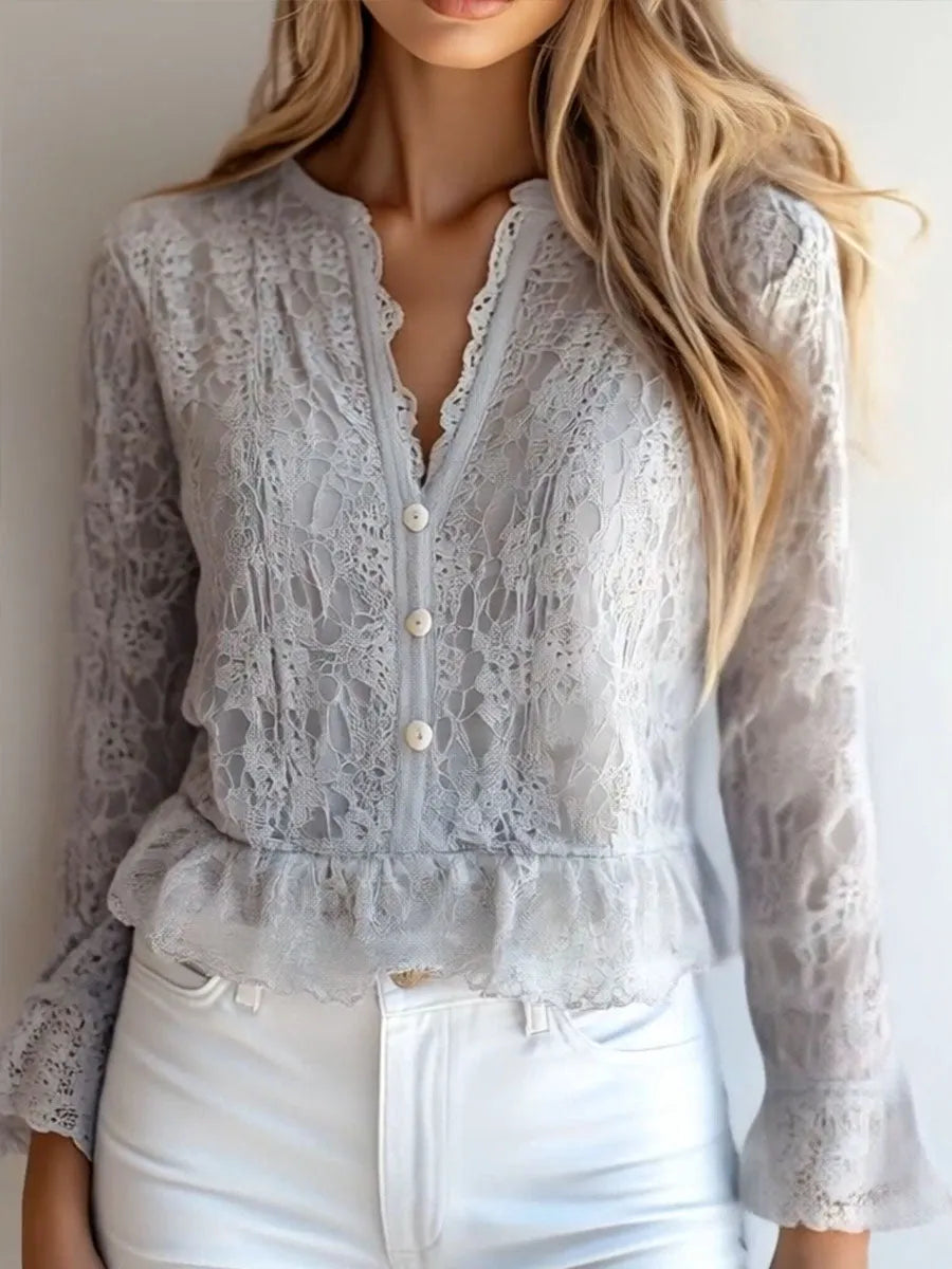 Elegante camicia in pizzo a maniche lunghe con scollo a V e bottoni