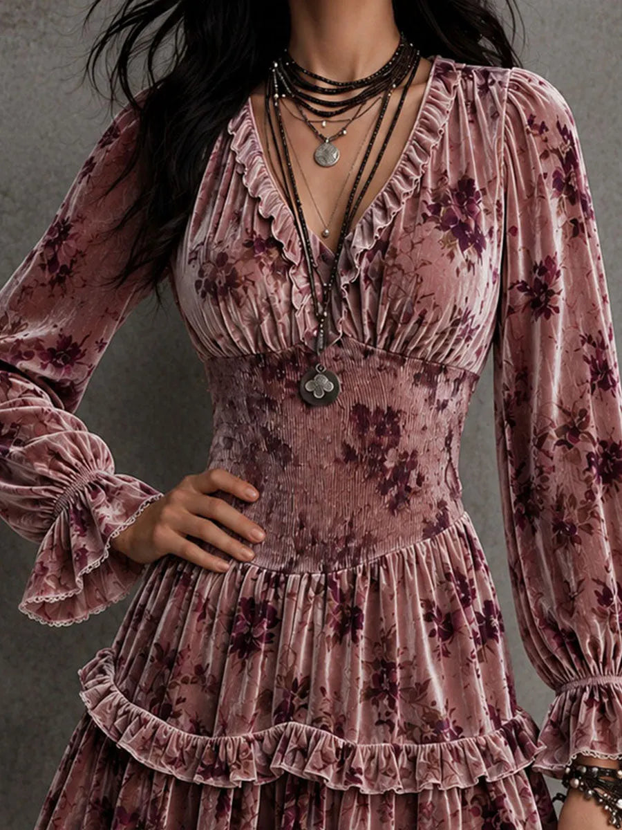 Mini-robe étagée en velours à taille smockée, motif floral bohème vintage