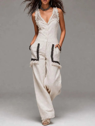 Combinaison pantalon large en lin avec dentelle, col en V et franges style bohème