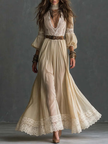 Vestido Longo Boho de Renda com Decote V Profundo e Manga Bispo