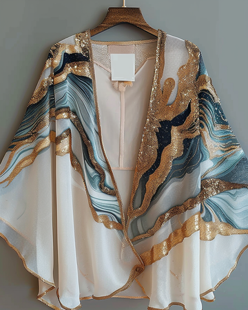 Cardigã de chiffon com estampa retrô divertida para as férias de verão 3b3b