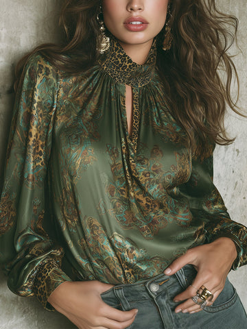 Elegant Leopard Print Satin Blouse With Keyhole Neckline