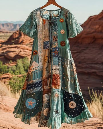 Vestido de algodão e linho com patchwork soltinho para as férias de verão 4fc6