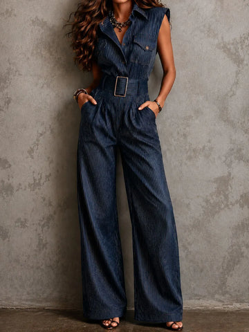Vintage Pinstripe Denim Wide-Leg Jumpsuit With Belted Waist