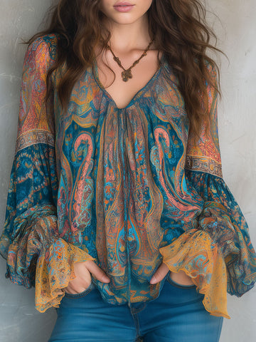 Blusa Chiffon Paisley Boêmia Azul-Petróleo e Âmbar com Punhos Franzidos
