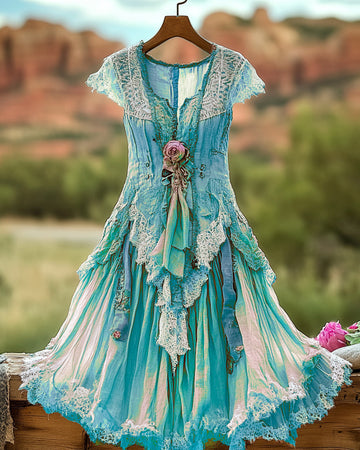 Summer Vintage Floral Lace Patchwork Blue Dress 9144
