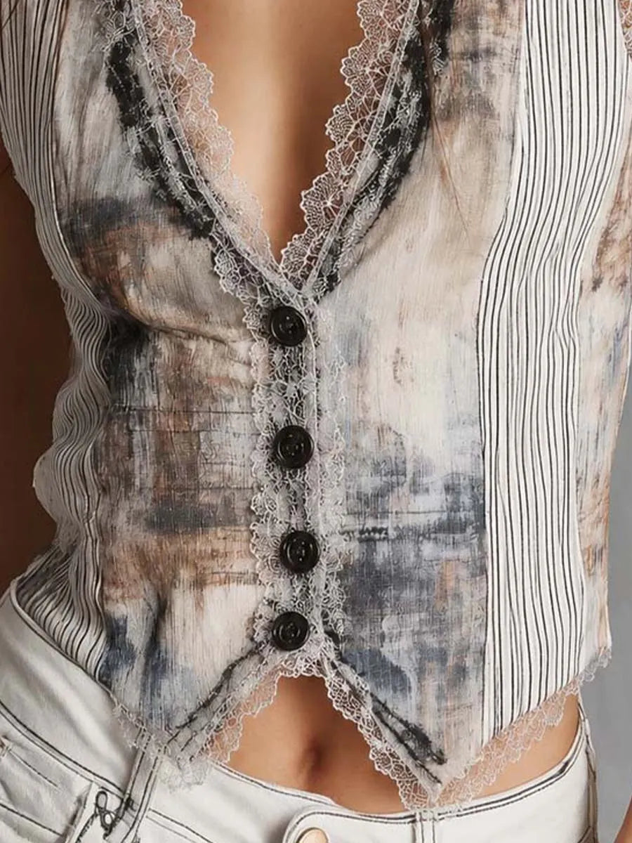 Gilet imprimé effet délavé en mélange coton-lin, orné de dentelle