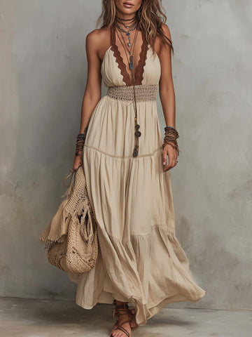Vestido longo de algodão e linho retrô com gola halter e renda contrastante
