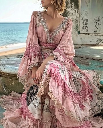 Vestido de Renda com Bordado Floral e Renda Patchwork Confortável com Babados 66ae