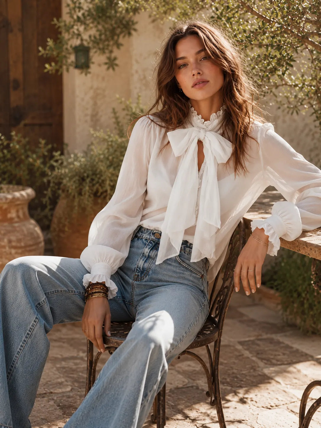 Elegant Vintage Ruffle Collar Big Bow Tie Keyhole Puff Long Sleeve Blouse