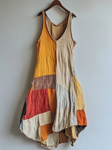 Vestido Midi de Linho Mesclado com Arte Patchwork Vintage 1c2c