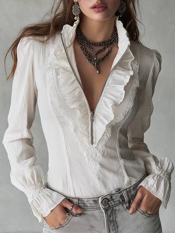 Blusa Vintage de Algodão e Linho com Renda e Zíper Frontal Parcial
