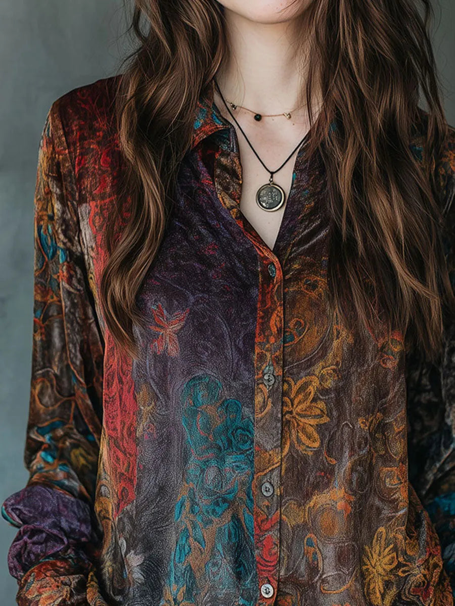 Chemise boutonnée à manches longues en velours imprimé floral bohème