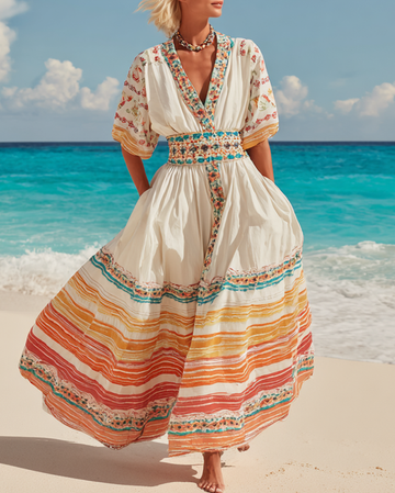 Vestido Verão Renda Listrado com Miçangas Estampado cc3d