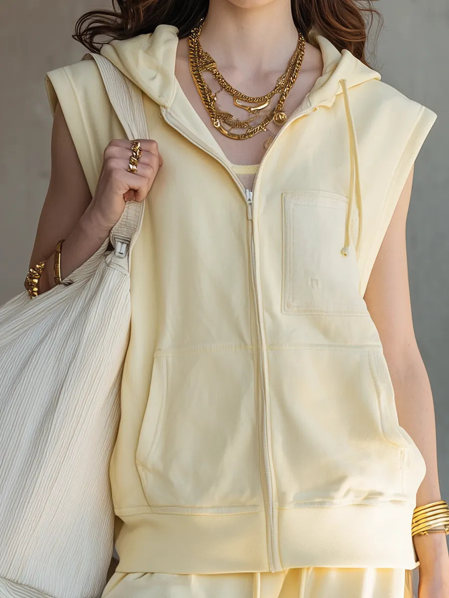 Casual Luxe Sleeveless Hoodie Two-Piece Set