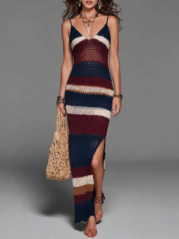 Vestido Maxi Boho Sem Mangas de Tricô Listrado Com Fendas Laterais Altas