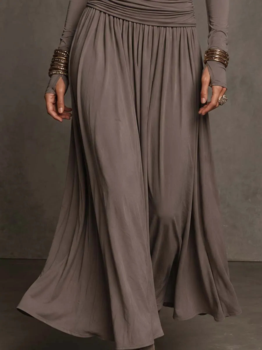 Taupe Stretch Knit Off-The-Shoulder Long Sleeve With Thumb Holes Ruched Bodice Flared Skirt Maxi Dress
