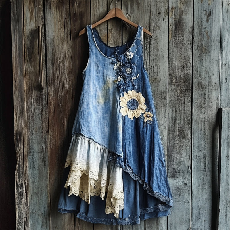 Vestido Regata com Patchwork de Renda e Jeans Florido