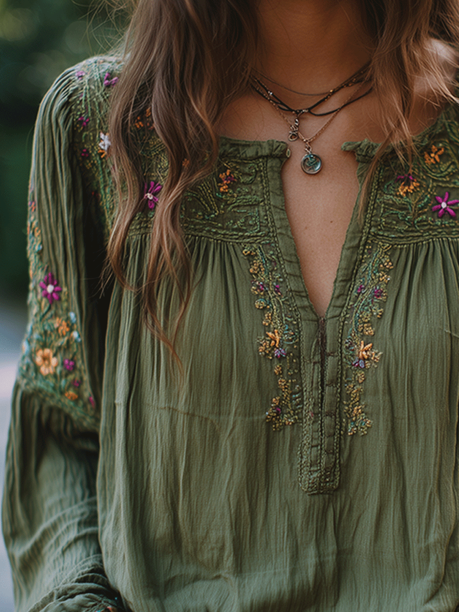 Chemise Bohe en coton brodé vert olive