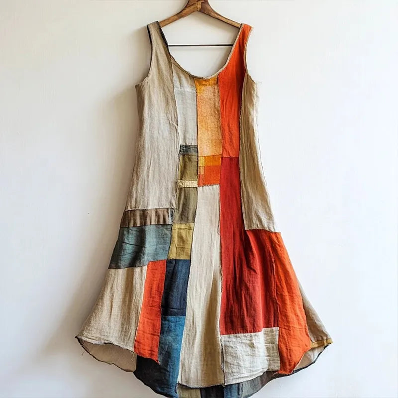 Vestido de Linho Misto Patchwork Multicor Vintage Arte 1852