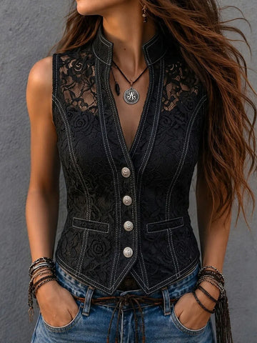Vintage Lace Contrast Stitch Stand Collar Fitted Waistcoat