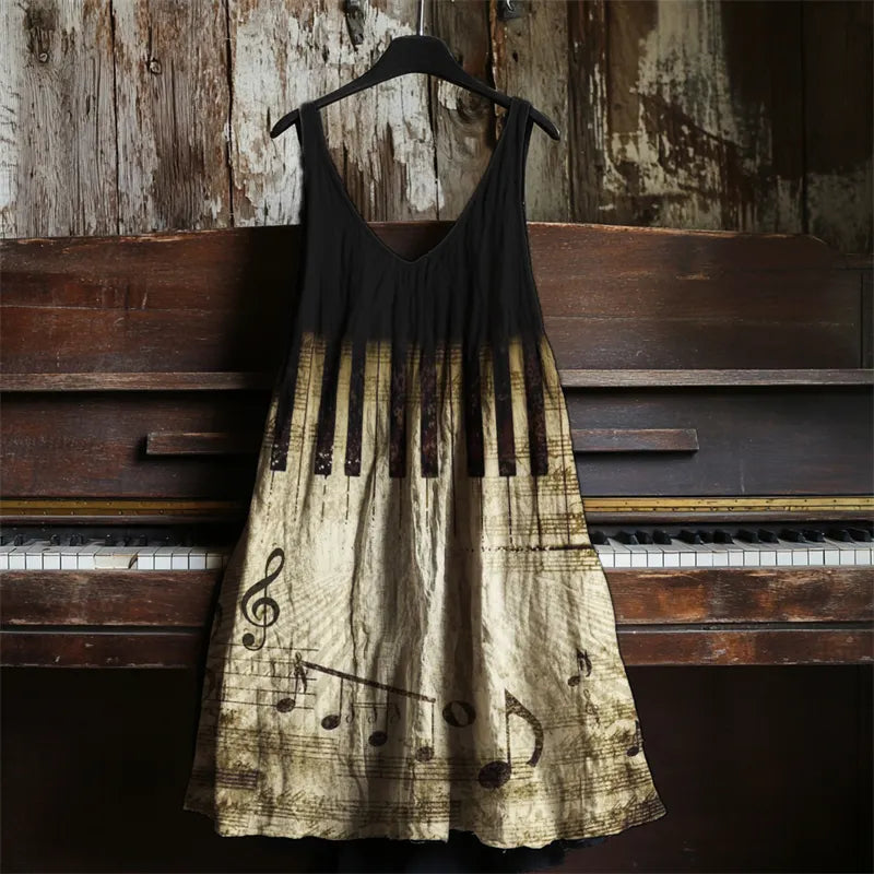 Vestido de Linho Vintage com Notas Musicais e Teclas de Piano Contraste 7fe3