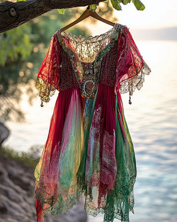 Vestido com Contraste de Cores e Renda Franzida para Férias de Verão eb06