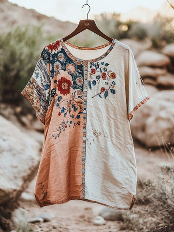 Chemise en coton et lin à fleurs tribales vintage pour femme 473e
