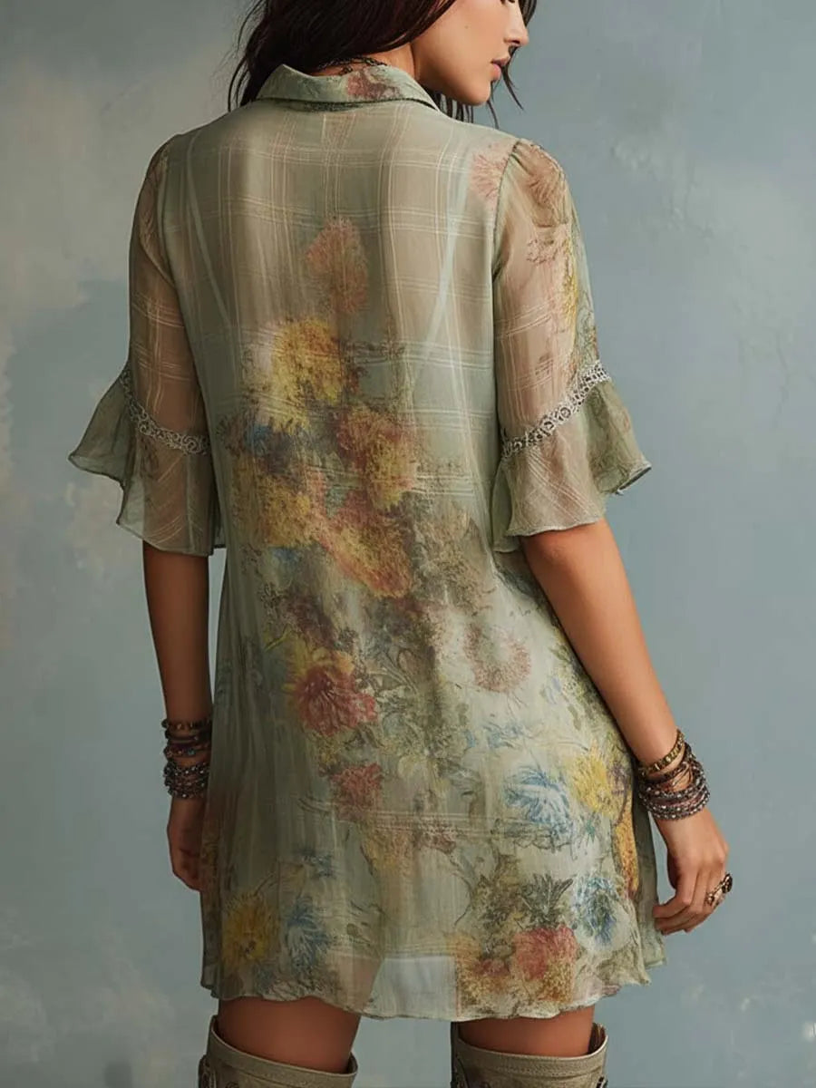 Mini-robe en mousseline de soie à imprimé floral mélangé et à carreaux rétro