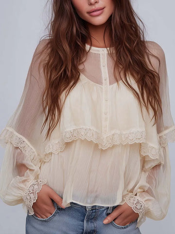 Blusa Boho com Botões, Renda e Manga Balão Transparente