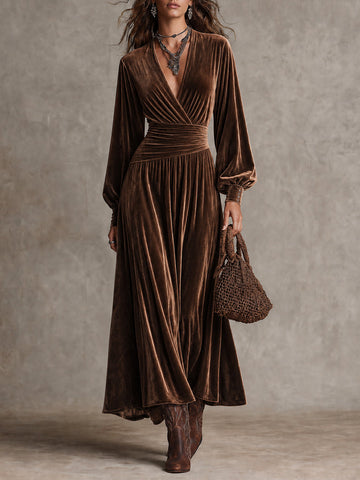 Vestido longo de veludo boho com decote em V e amarração na cintura com mangas compridas