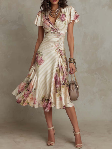 Robe midi en mousseline fleurie, style vintage élégant