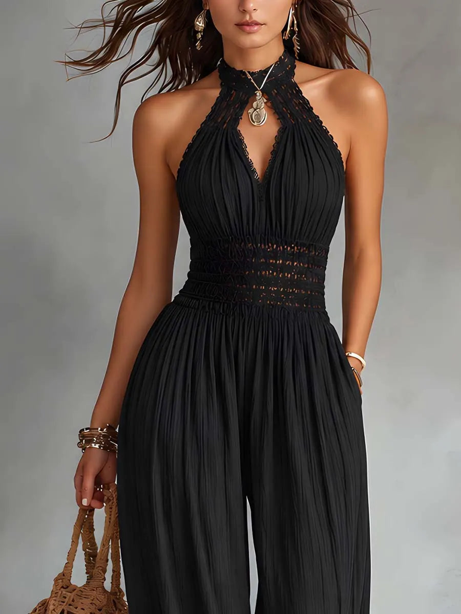 Vintage Lace-Trimmed Keyhole Neck Jumpsuit