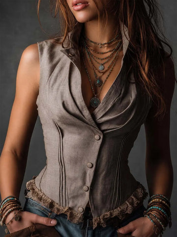 Colete Corset Acetinado de Linho e Algodão Mescla Taupe com Renda