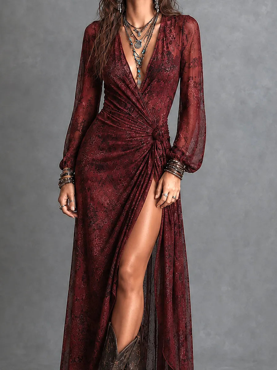 Boho Printed Chiffon Side Tie Wrap Maxi Dress With High Slit