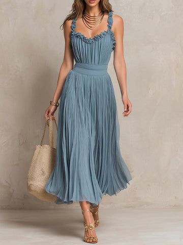 Vestido Midi Plissado com Alças Franzidas Elegantes