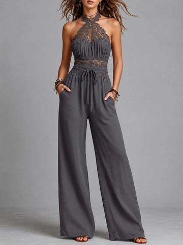 Combinaison pantalon large gris anthracite en dentelle à col halter et en mélange coton-lin froissé
