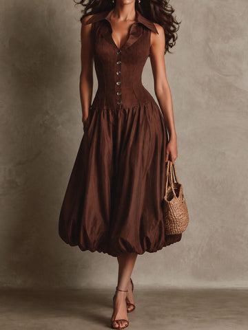 Robe midi rétro marron à col, côtelée, boutonnée sur le devant, avec poches et ourlet bulle