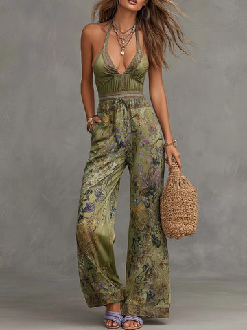 Combinaison pantalon bohème en satin à col montant, imprimé et jambes larges