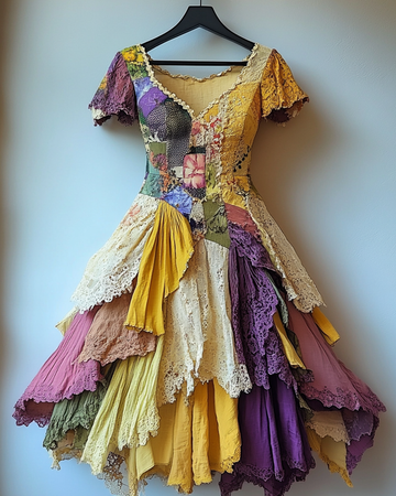 Robe d'été vintage asymétrique en dentelle patchwork 68ae