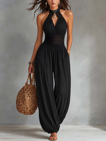 Vintage Lace-Trimmed Keyhole Neck Jumpsuit