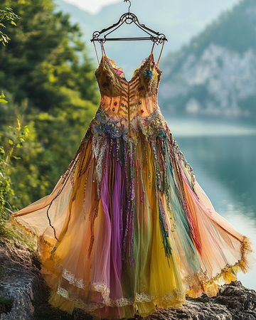 Vestido com Babados, Patchwork de Renda Irregular e Miçangas de Verão 1ae7